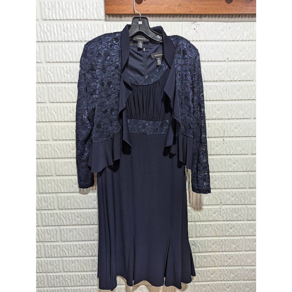 R & M Richards Women's Navy Blue 2-Piece Dresses & Lace Jacket Beaded Trim Size